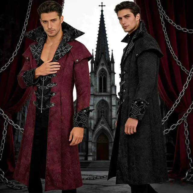 Men's gothic medieval-style cosplay coat jacket with print details for Halloween and costume wear.