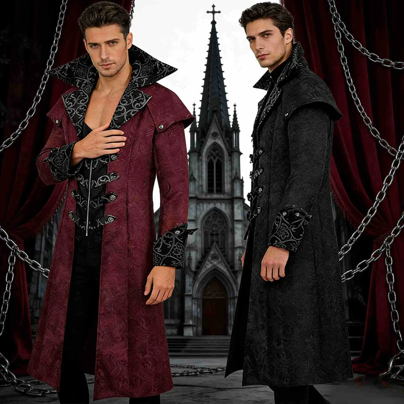 Men's gothic medieval-style cosplay coat jacket with print details for Halloween and costume wear.