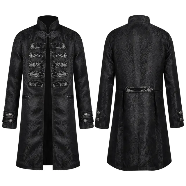 A men's black Gothic medieval gentleman cosplay suit with a sleeveless shirt and long pants.