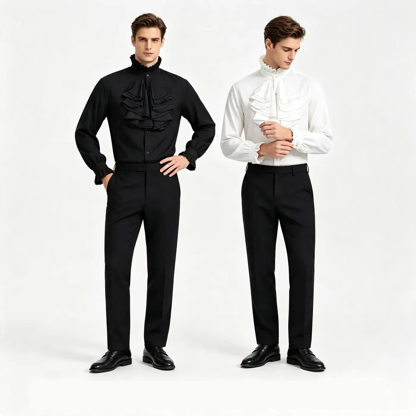 Men's black Gothic ruffled stand-collar long-sleeve shirt for vampire cosplay and stage performance.