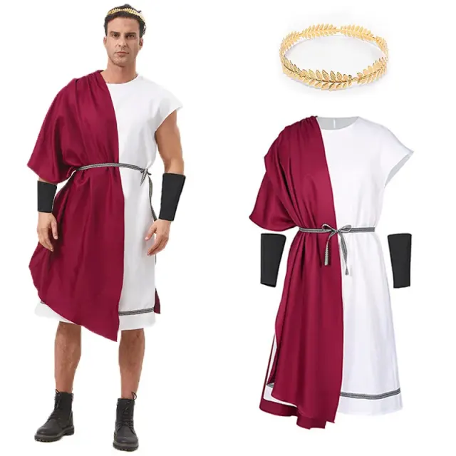 Men's Greek Roman toga costume set with a vintage gold-trim tailcoat option, styled for Halloween cosplay.