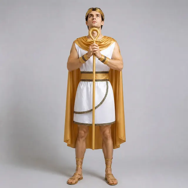 Men's Greek Roman Zeus king costume with a sleeveless printed top and long pants, shown in the stock Greek costume style.
