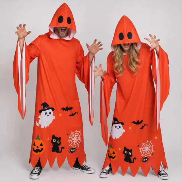 Orange Halloween pumpkin cloak cosplay robe with a printed design for men's costume wear.
