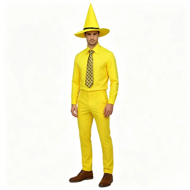 Men's yellow Halloween clown costume set featuring a long-sleeve shirt, polka-dot tie, yellow hat, and long pants.
