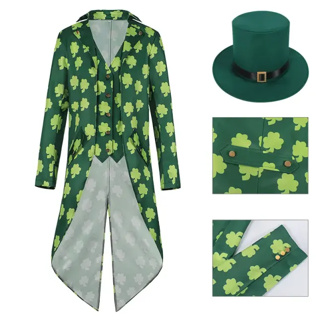 Men's Irish four-leaf clover tailcoat costume set with a long-sleeve jacket and matching long pants.