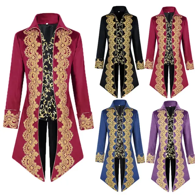 A men's black lace tailcoat with long sleeves, a mid-length cut, and medieval punk-inspired details.