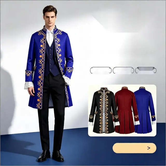 Men's black prince coat with a floral vine pattern, designed for European court-inspired medieval cosplay.
