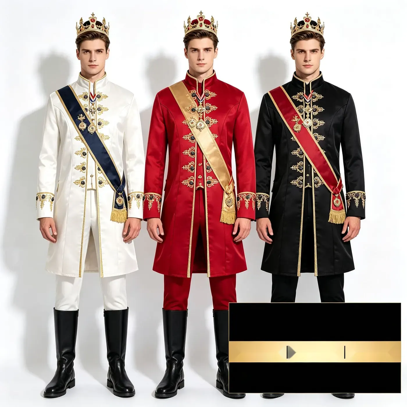 A black long-sleeve medieval-style embroidered court coat for men, designed for cosplay and stage performances.