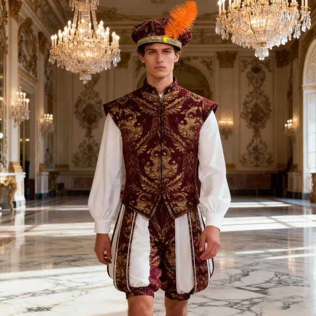Men's medieval-style feather court hat shown as a vintage cosplay costume headpiece.