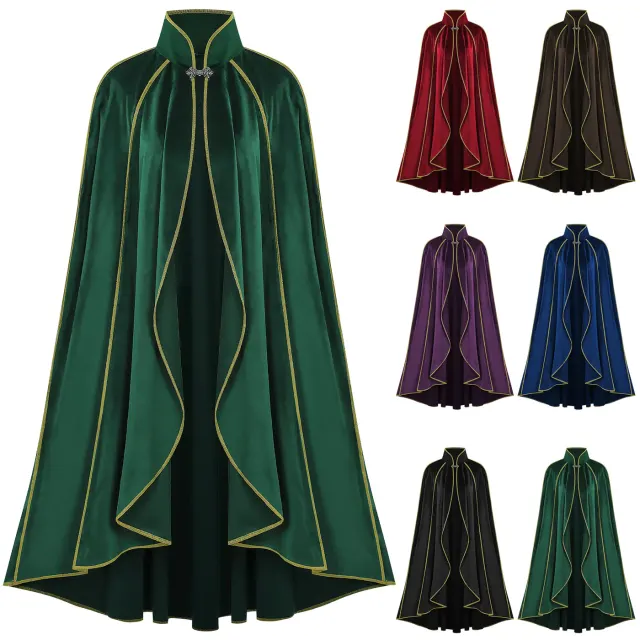 Green medieval-style long cape with gold trim, designed as a Halloween and Renaissance cosplay outerwear piece.