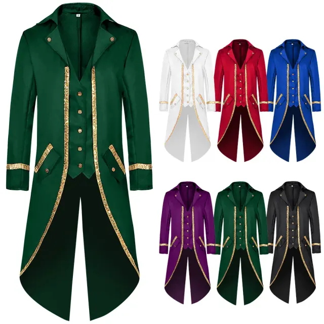 Men's black mid-length gold-trim tailcoat with a medieval-inspired design for Halloween cosplay.