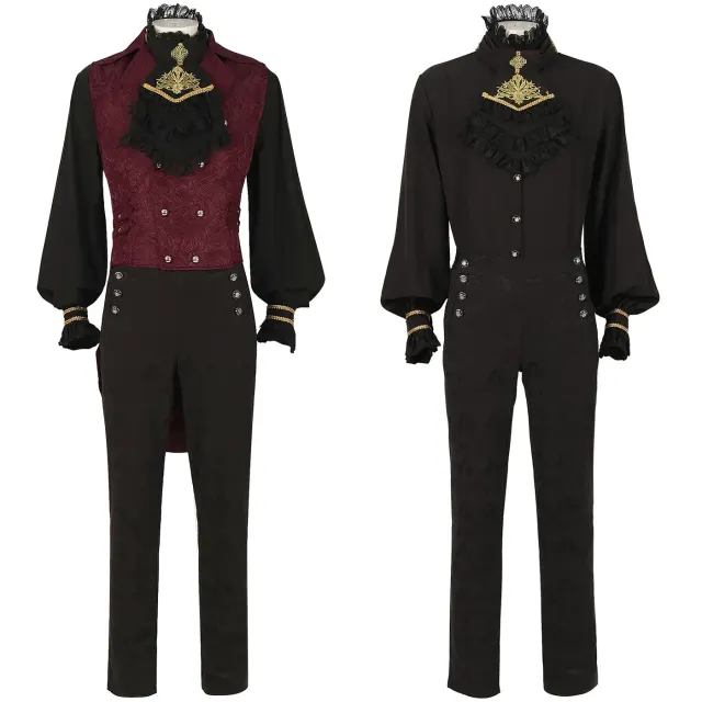 Men's medieval Gothic jacquard cosplay costume with a long-sleeve shirt, steampunk-style vest, and long pants in black and red options.