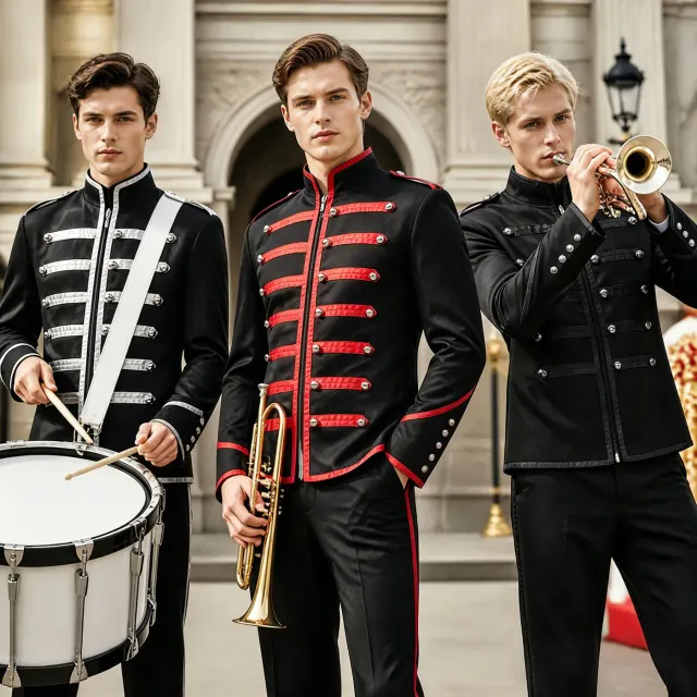A men's black military drum-style medieval Gothic steampunk costume set with a sleeveless printed top and long pants.