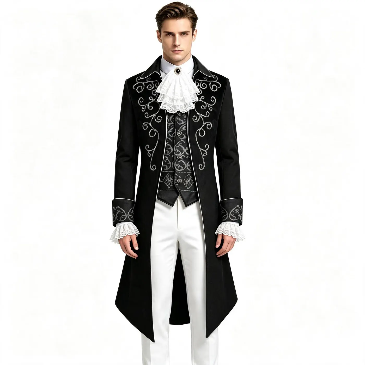 Men's Medieval Gothic Tailcoat Cosplay Costume with Silver Trim detail 2