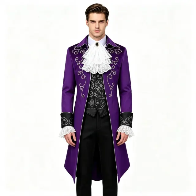 Costume cosplay queue-de-pie gothique médiéval pour homme avec liseré argenté détail 3