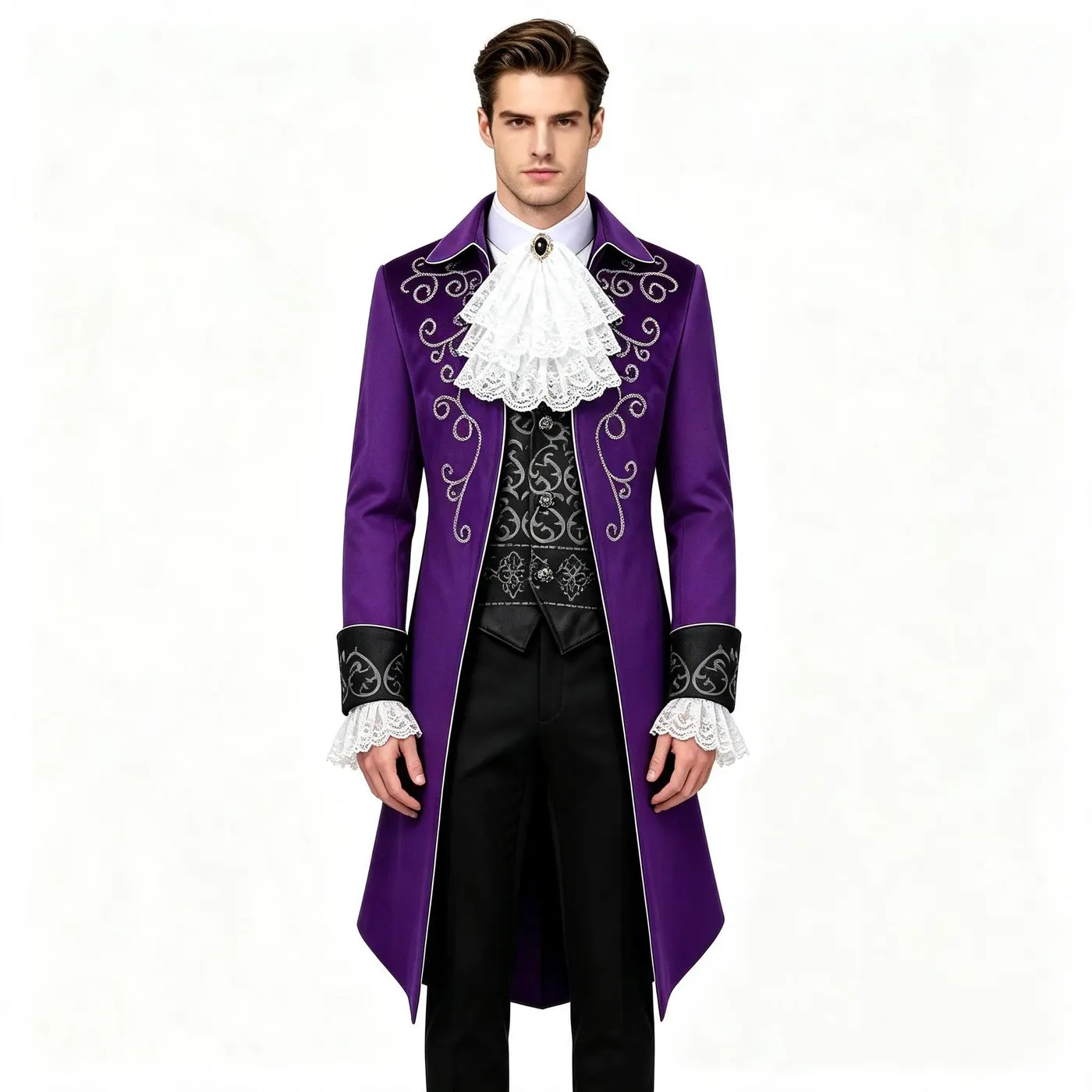 Men's Medieval Gothic Tailcoat Cosplay Costume with Silver Trim detail 3