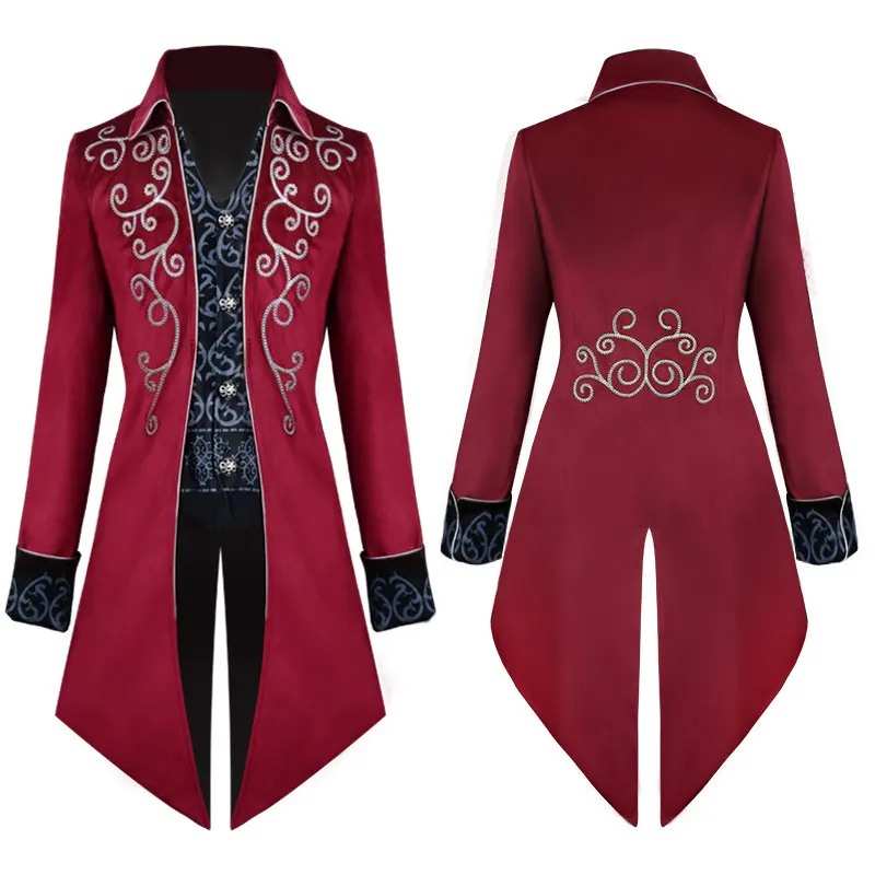 Men's Medieval Gothic Tailcoat Cosplay Costume with Silver Trim detail 7
