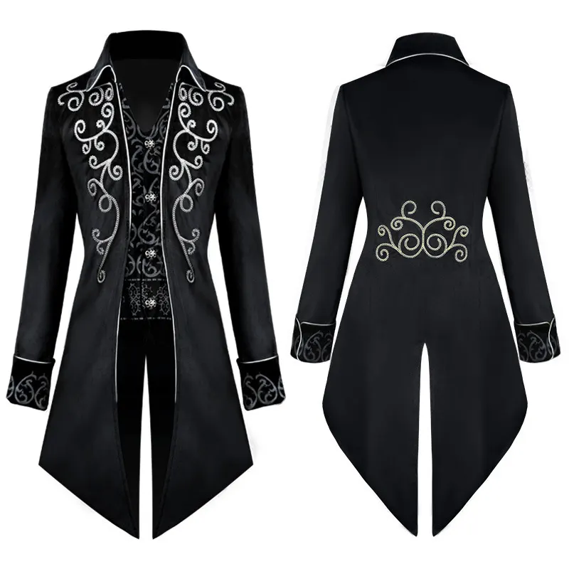 Men's Medieval Gothic Tailcoat Cosplay Costume with Silver Trim detail 8