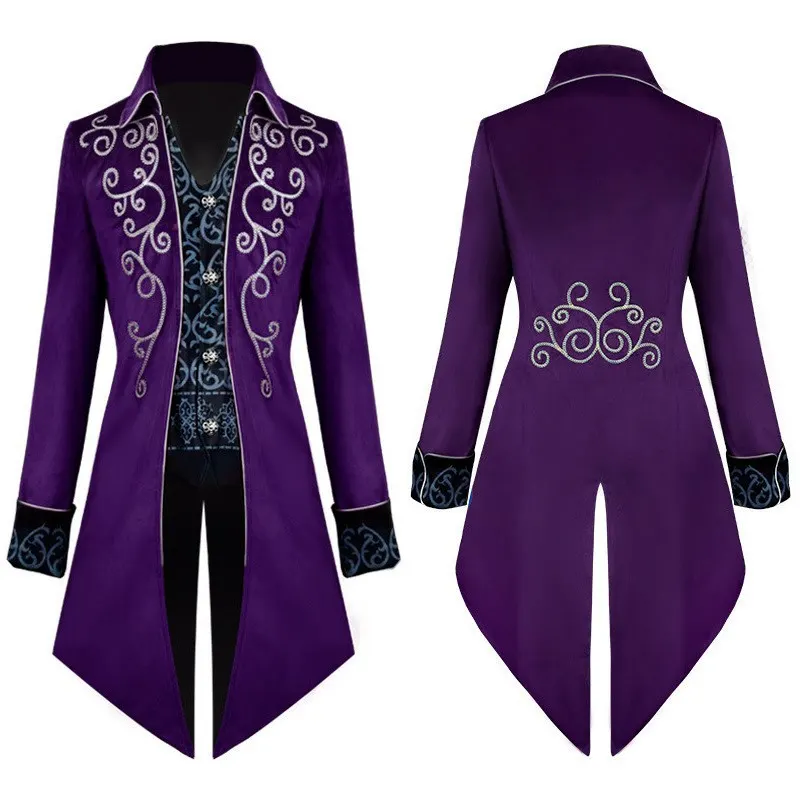 Men's Medieval Gothic Tailcoat Cosplay Costume with Silver Trim detail 9