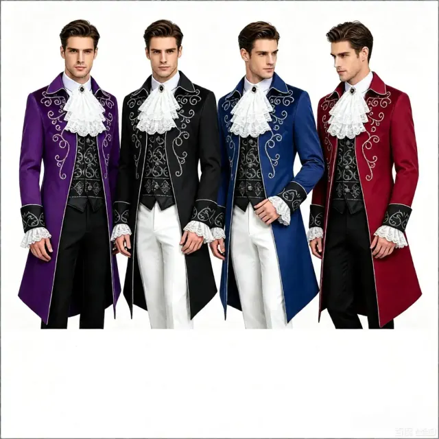 Men's black medieval court tailcoat costume with silver trim, Gothic embroidery, faux collar, pants, and wrist accessory.