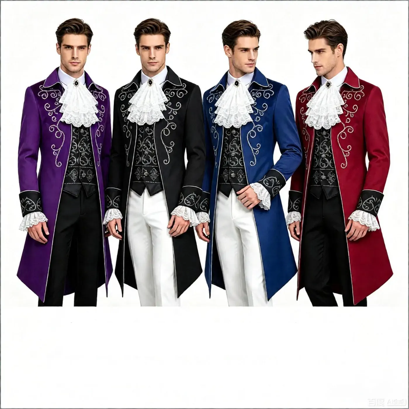 Men's black medieval court tailcoat costume with silver trim, Gothic embroidery, faux collar, pants, and wrist accessory.