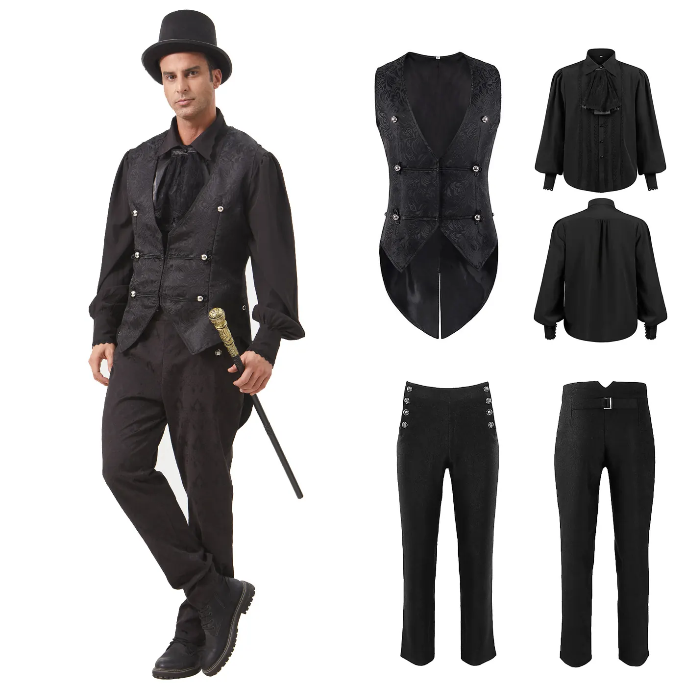 Main image shows a men's medieval Gothic jacquard tailcoat vest costume in a vintage stage-inspired style.