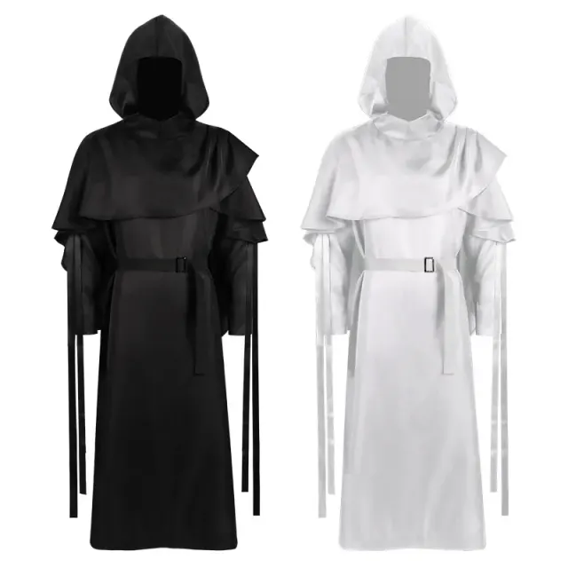 A white demon cloak cosplay robe with a dark medieval grim reaper-inspired design for Halloween and performance wear.