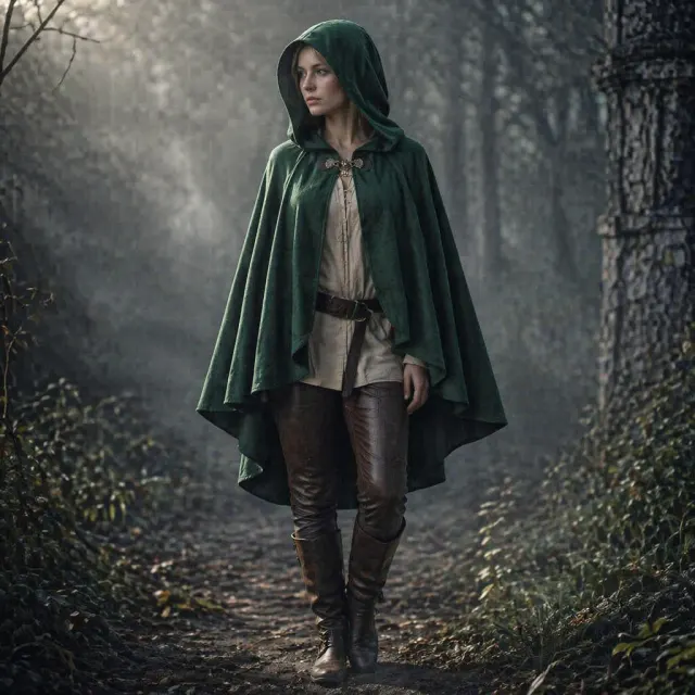 A green medieval hooded cloak with printed details for men's gothic cosplay and Halloween costumes.