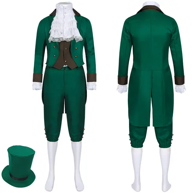 Men's Irish-inspired tailcoat and hat cosplay costume set with long sleeves and printed details.
