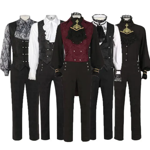 Men's medieval jacquard cosplay costume set with a long-sleeve top and long pants.