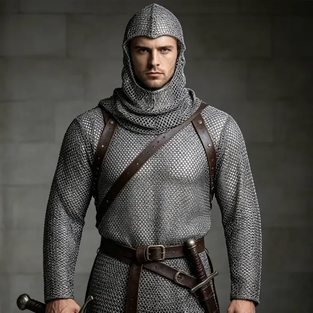 Men's medieval knight hooded chainmail-style cosplay costume with a sleeveless top and long pants.