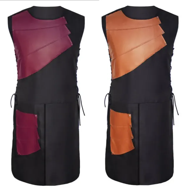 Men's medieval knight cosplay costume with a sleeveless leather vest, side lacing, and a round neckline for Halloween and stage wear.