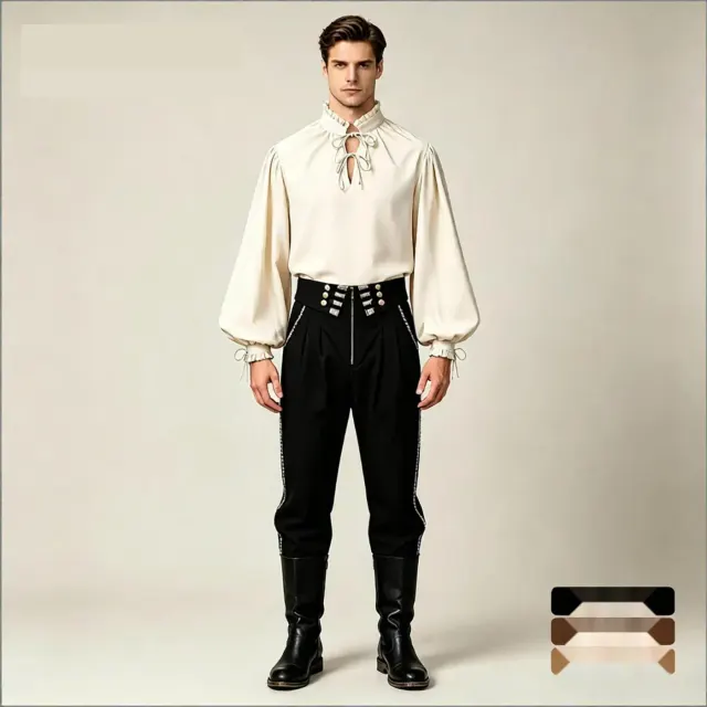 Men's medieval lace-up cosplay shirt with puff sleeves and printed details.