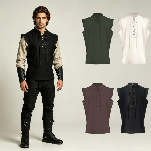 A men's medieval lace-up vest in green, styled for Halloween and fantasy stage costumes.