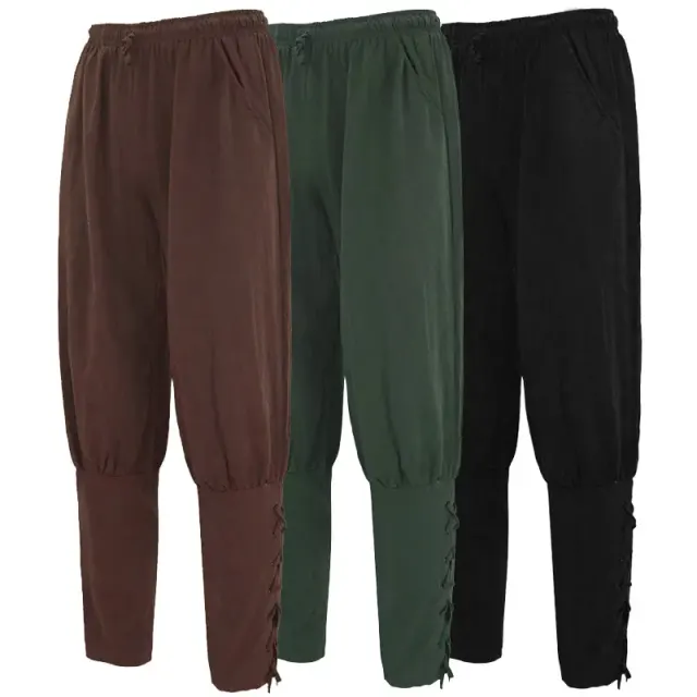 A pair of men's quick-dry medieval pirate cosplay pants with pockets in green.