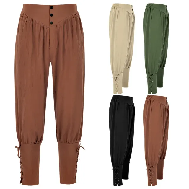 Men's medieval pirate lace-up pants in wine red, shown full length for cosplay and theater costumes.