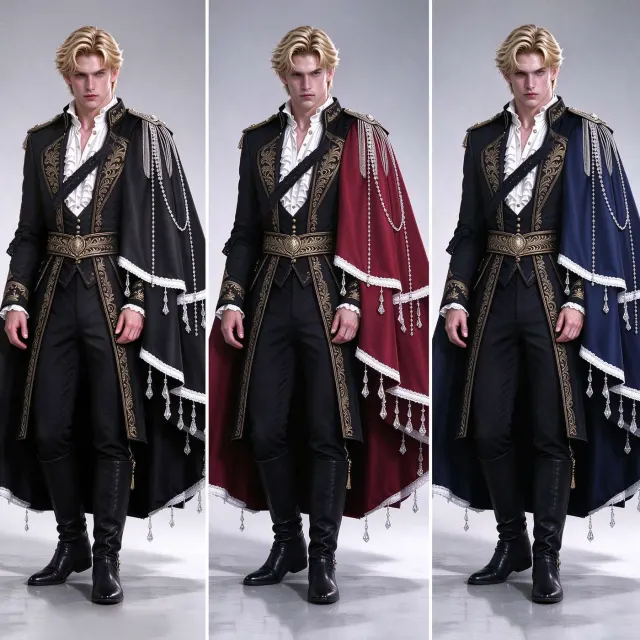 A men's medieval prince-style left-shoulder cape with a printed finish, shown in black.