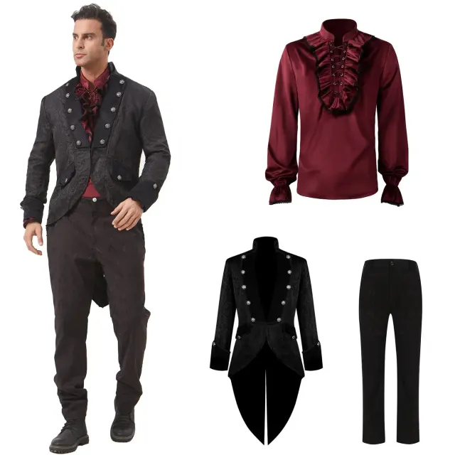 Men's medieval punk cosplay tailcoat with long sleeves, printed jacquard styling, and a mid-length look.