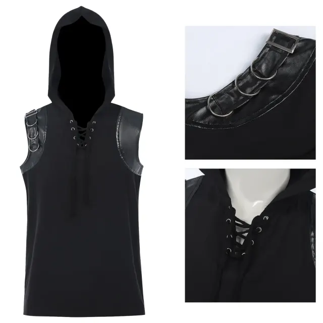 Men's sleeveless hooded lace-up vest with a spliced punk-inspired design, displayed for catalog view.