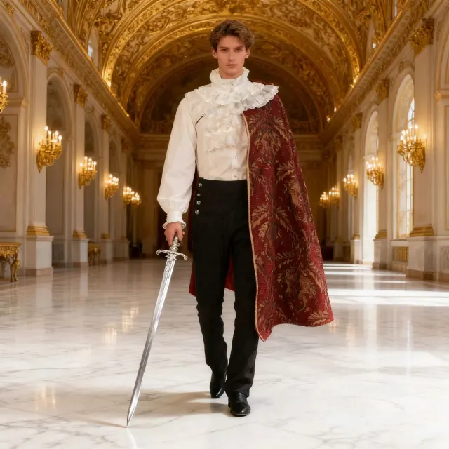 Men's Medieval Renaissance king court costume with a red or black cape, white ruffled shirt, and jacquard pants.