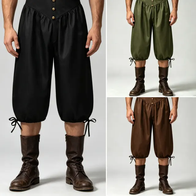 Front view of men's black medieval pirate pants with a lace-up front and relaxed lantern-style legs.