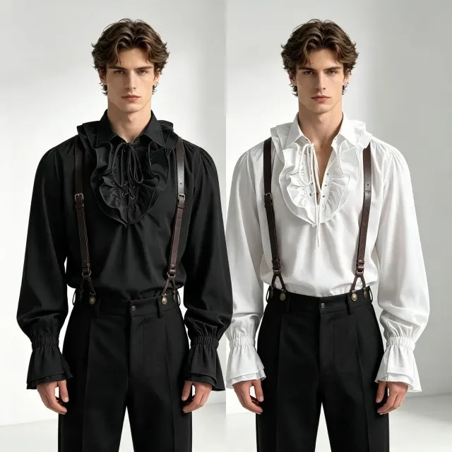 Men's white long-sleeve medieval court shirt with a ruffled collar and lace-up front for Halloween cosplay.