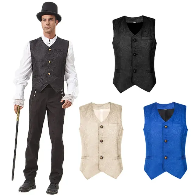 Men's short medieval-style jacquard vest with a patterned front, shown in white for Halloween and cosplay.