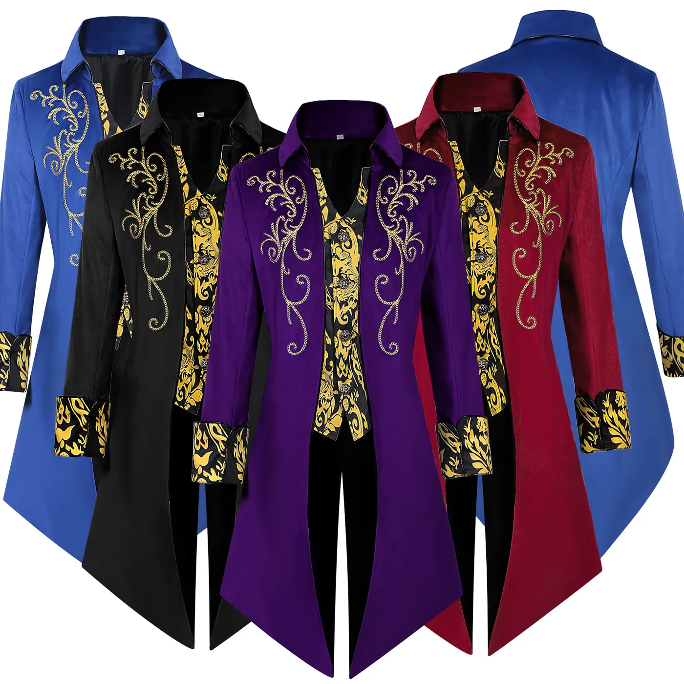 Men's black medieval steampunk tailcoat jacket with silver trim and long sleeves.