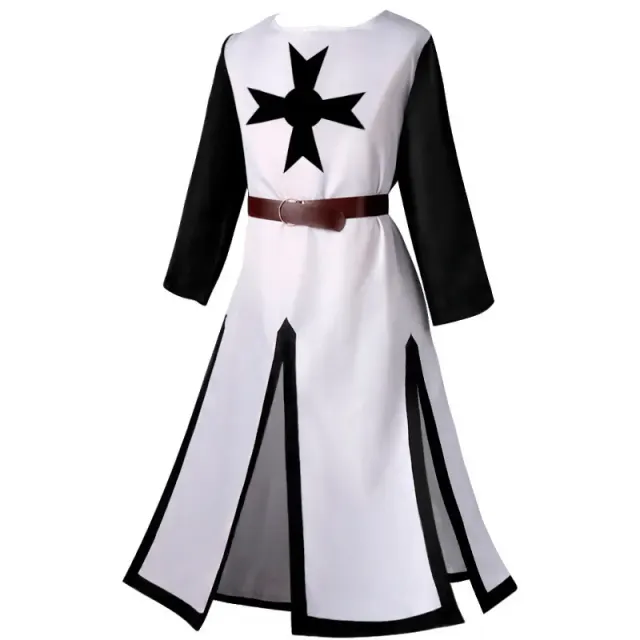 Black men's medieval Templar Knight long-sleeve tunic costume with split-front detailing and an optional brown belt.