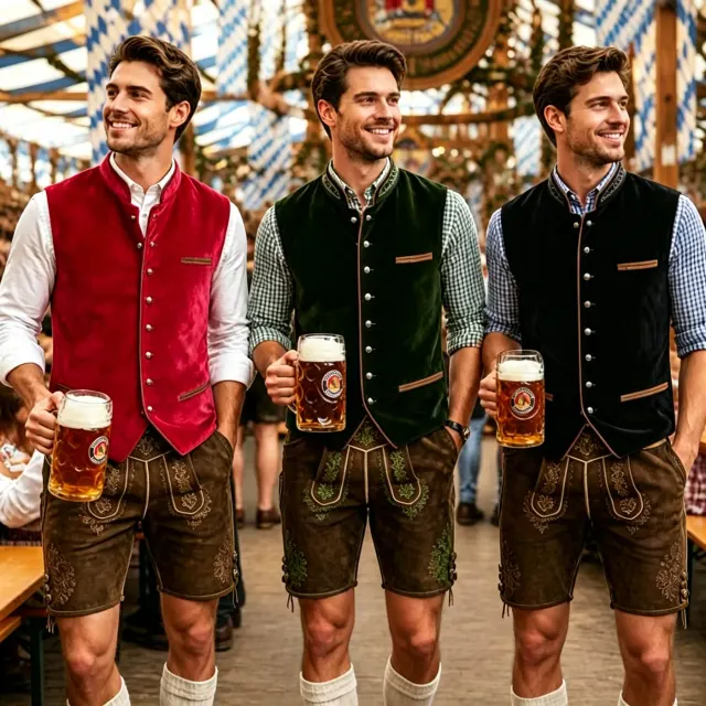 Men's black Oktoberfest Bavarian-style velvet vest with a stand collar and printed details.