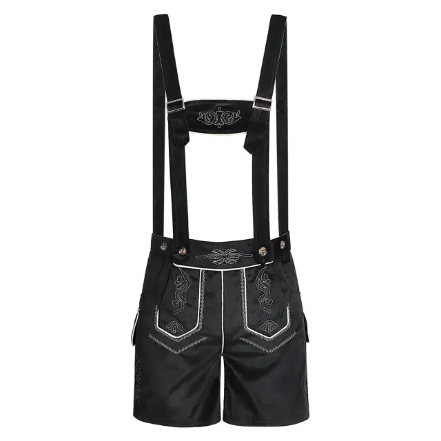 Men's Oktoberfest Bavarian costume set with a printed top and long suspender pants in a vintage style.
