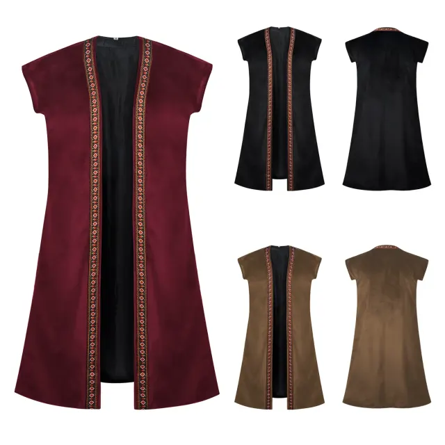 Men's long open-front pirate vest with embroidered medieval-style details, shown in black.