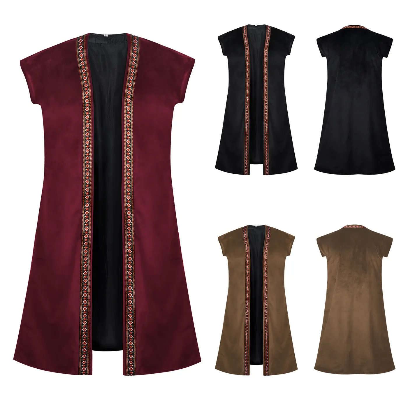 Men's long open-front pirate vest with embroidered medieval-style details, shown in black.