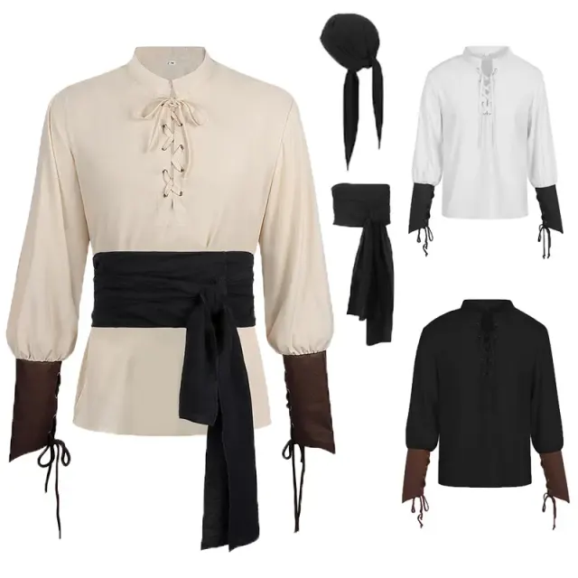 A men's pirate costume set with a Renaissance-style shirt and medieval vest, shown for Halloween and stage wear.